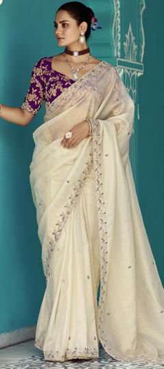 White and Off White color Saree in Silk fabric with Embroidered, Resham, Sequence, Thread work