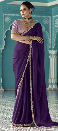 Purple and Violet color Saree in Silk fabric with Embroidered, Resham, Sequence, Thread work