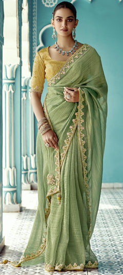 Green color Saree in Silk fabric with Embroidered, Resham, Sequence, Thread work