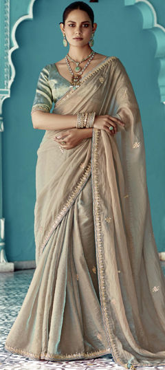 Beige and Brown color Saree in Silk fabric with Embroidered, Resham, Sequence, Thread work