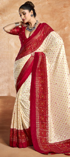 Red and Maroon, White and Off White color Saree in Satin Silk fabric with Bandhej, Printed work