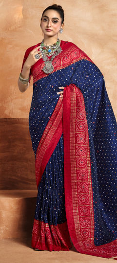 Blue color Saree in Satin Silk fabric with Bandhej, Printed work