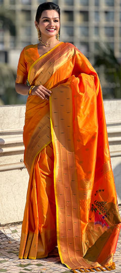 Orange color Saree in Silk fabric with Weaving, Zari work