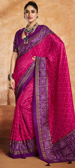 Pink and Majenta color Saree in Satin Silk fabric with Bandhej, Printed work