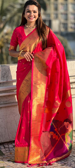 Pink and Majenta color Saree in Silk fabric with Weaving, Zari work