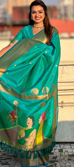 Green color Saree in Silk fabric with Weaving, Zari work