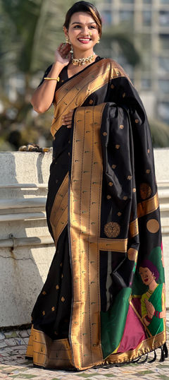 Black and Grey color Saree in Silk fabric with Weaving, Zari work