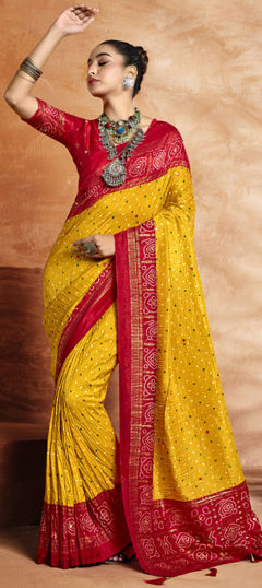 Yellow color Saree in Satin Silk fabric with Bandhej, Printed work