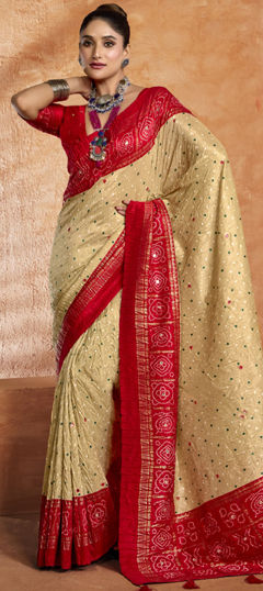 Beige and Brown color Saree in Satin Silk fabric with Bandhej, Printed work