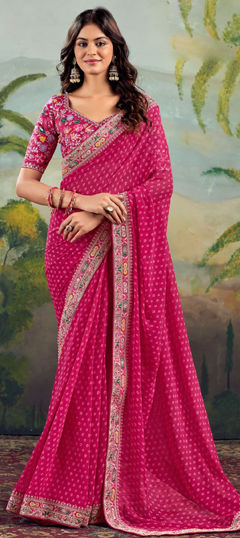 Pink and Majenta color Saree in Georgette fabric with Bandhej, Embroidered, Printed, Resham, Thread, Zari work