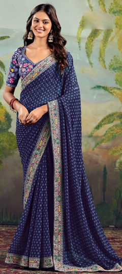 Blue color Saree in Georgette fabric with Bandhej, Embroidered, Printed, Thread, Zari work