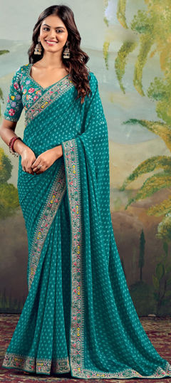 Blue color Saree in Georgette fabric with Bandhej, Embroidered, Printed, Resham, Thread, Zari work