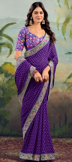 Purple and Violet color Saree in Georgette fabric with Bandhej, Embroidered, Printed, Resham, Thread, Zari work