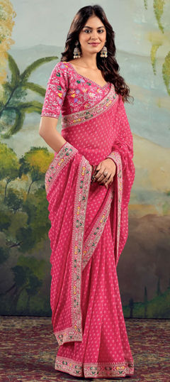 Pink and Majenta color Saree in Georgette fabric with Bandhej, Embroidered, Printed, Resham, Thread, Zari work