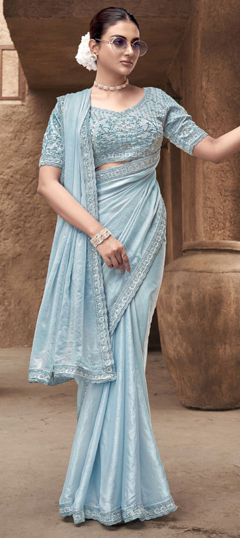 Blue color Readymade Saree in Satin Silk fabric with Border, Bugle Beads, Sequence, Thread, Zari work