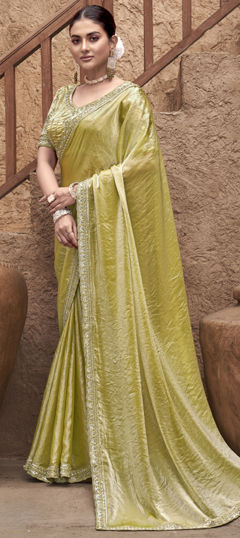 Yellow color Readymade Saree in Satin Silk fabric with Border, Bugle Beads, Embroidered, Sequence, Thread work