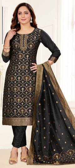 Black and Grey color Salwar Kameez in Silk fabric with Weaving, Zari work