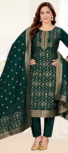 Green color Salwar Kameez in Silk fabric with Weaving, Zari work