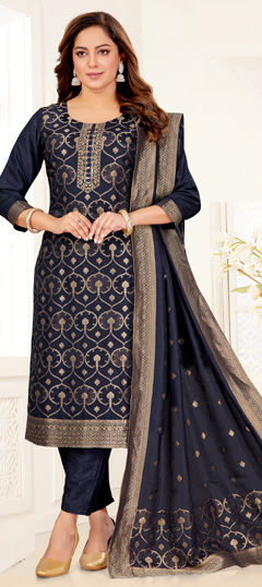 Blue color Salwar Kameez in Silk fabric with Weaving, Zari work