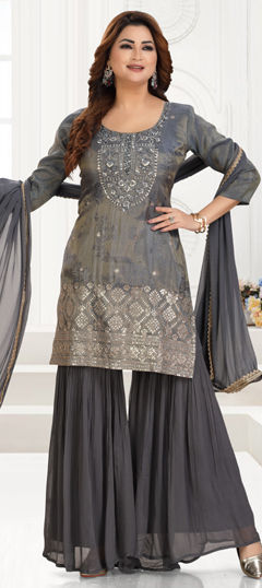 Black and Grey color Salwar Kameez in Shimmer fabric with Bugle Beads, Embroidered, Sequence, Thread work