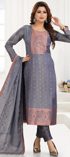 Black and Grey color Salwar Kameez in Shimmer fabric with Weaving, Zari work