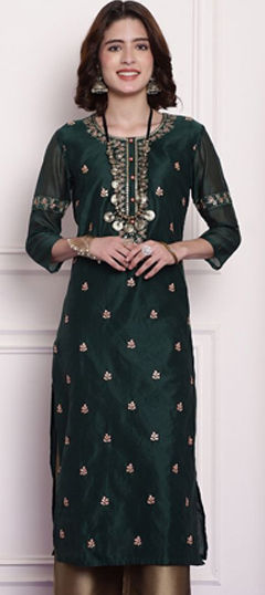 Green color Kurti in Chanderi Silk fabric with Embroidered, Resham, Thread work