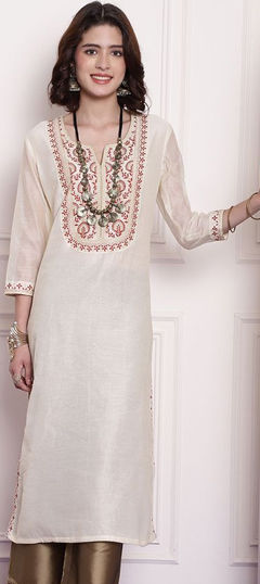 White and Off White color Kurti in Chanderi Silk fabric with Embroidered, Resham, Thread work