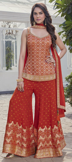 Orange color Salwar Kameez in Georgette fabric with Border, Sequence, Weaving, Zari work