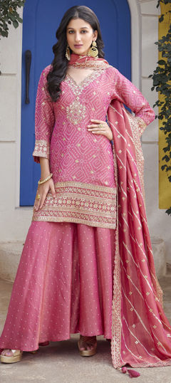 Pink and Majenta color Salwar Kameez in Silk fabric with Bandhej, Printed, Sequence, Thread, Zari work