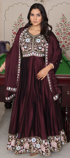 Beige and Brown color Salwar Kameez in Silk fabric with Embroidered work