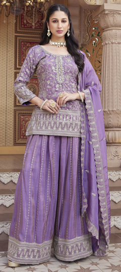 Purple and Violet color Salwar Kameez in Silk fabric with Embroidered, Sequence, Stone, Thread work