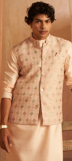 Pink and Majenta color Nehru Jacket in Viscose fabric with Printed work