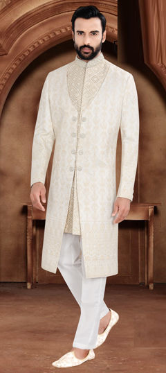 White and Off White color Sherwani in Brocade fabric with Bugle Beads, Sequence, Thread work