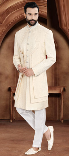 Beige and Brown color Sherwani in Brocade fabric with Bugle Beads, Sequence, Thread work