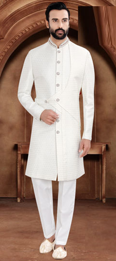 White and Off White color Sherwani in Jacquard fabric with Bugle Beads, Sequence, Thread work