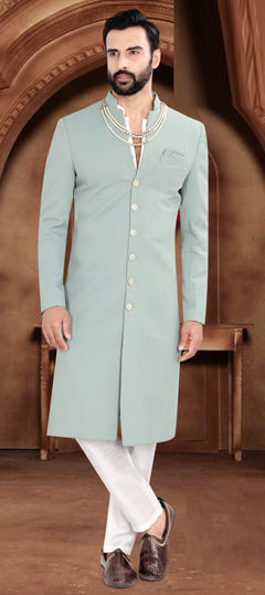 Green color Sherwani in Rayon fabric with Thread work