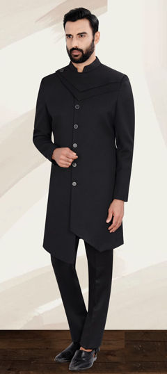 Black and Grey color IndoWestern Dress in Jacquard fabric with Thread work