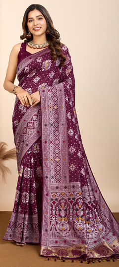 Purple and Violet color Saree in Art Silk fabric with Printed, Weaving work