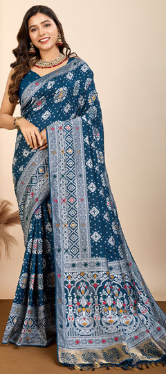 Blue color Saree in Art Silk fabric with Printed, Weaving work