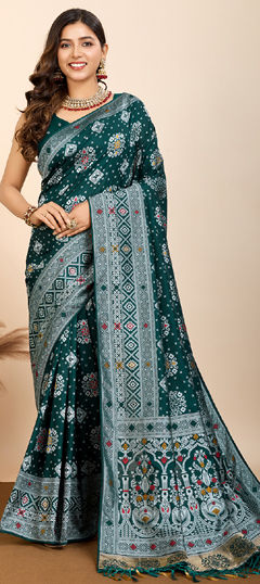 Green color Saree in Art Silk fabric with Printed, Weaving work