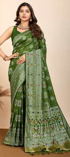 Green color Saree in Art Silk fabric with Printed, Weaving work