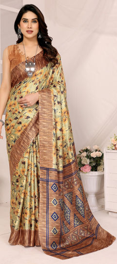 Beige and Brown color Saree in Cotton fabric with Floral, Printed work