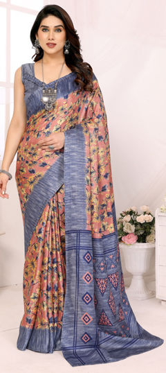 Black and Grey color Saree in Cotton fabric with Floral, Printed work