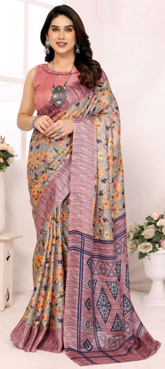 Pink and Majenta color Saree in Cotton fabric with Floral, Printed work