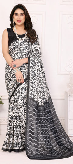 Black and Grey, White and Off White color Saree in Blended Cotton fabric with Printed work