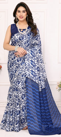 Blue color Saree in Blended Cotton fabric with Printed work