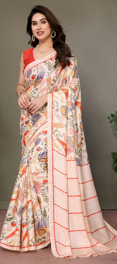 Beige and Brown color Saree in Blended Cotton fabric with Printed work