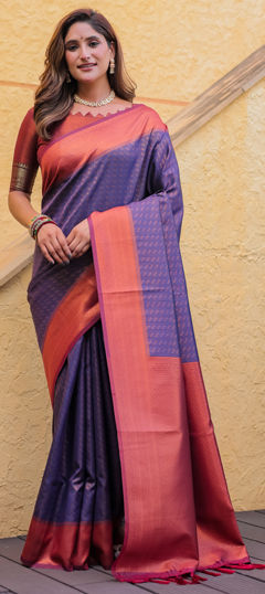 Blue color Saree in Kanjeevaram Silk fabric with Weaving, Zari work