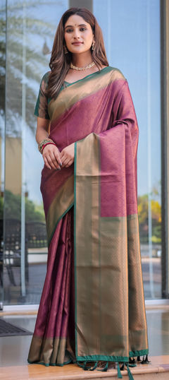 Pink and Majenta color Saree in Kanjeevaram Silk fabric with Weaving, Zari work