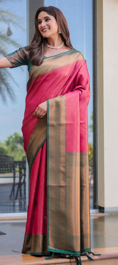 Pink and Majenta color Saree in Kanjeevaram Silk fabric with Weaving, Zari work